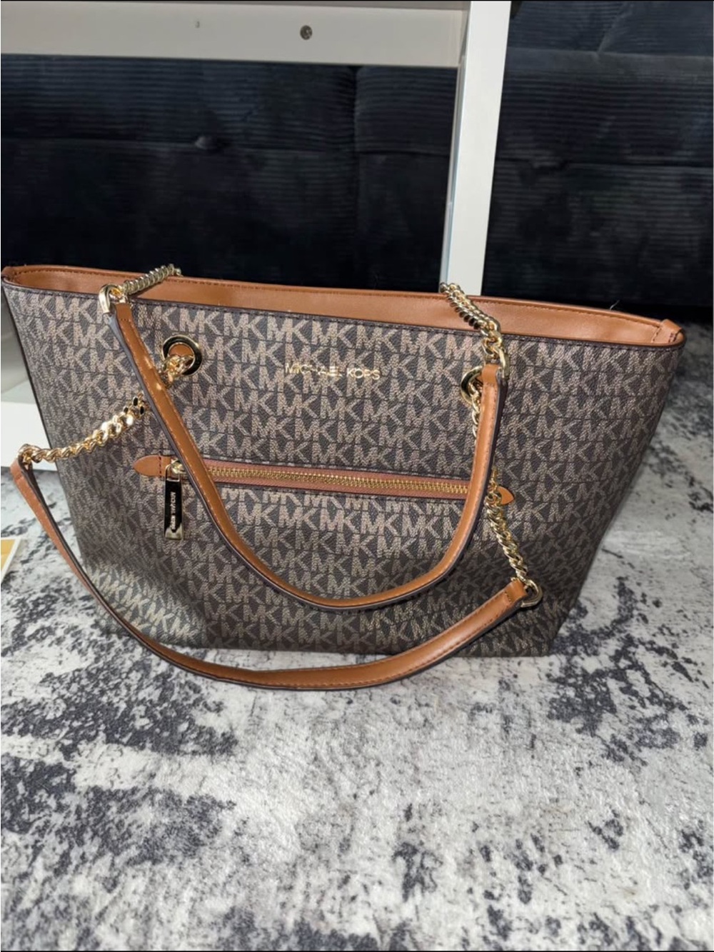 Michael Kors Brown MK Logo Tote with Gold Chain Handles - Picture 1 of 5